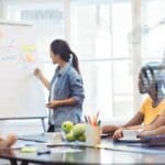 Grupo de personas mirando hacia el tabero en una reunión de trabajo dentro de una sala de coworking en España