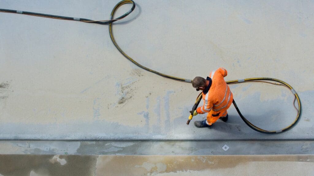 Trabajador realizando limpieza industrial con chorro de arena en superficies metálicas.