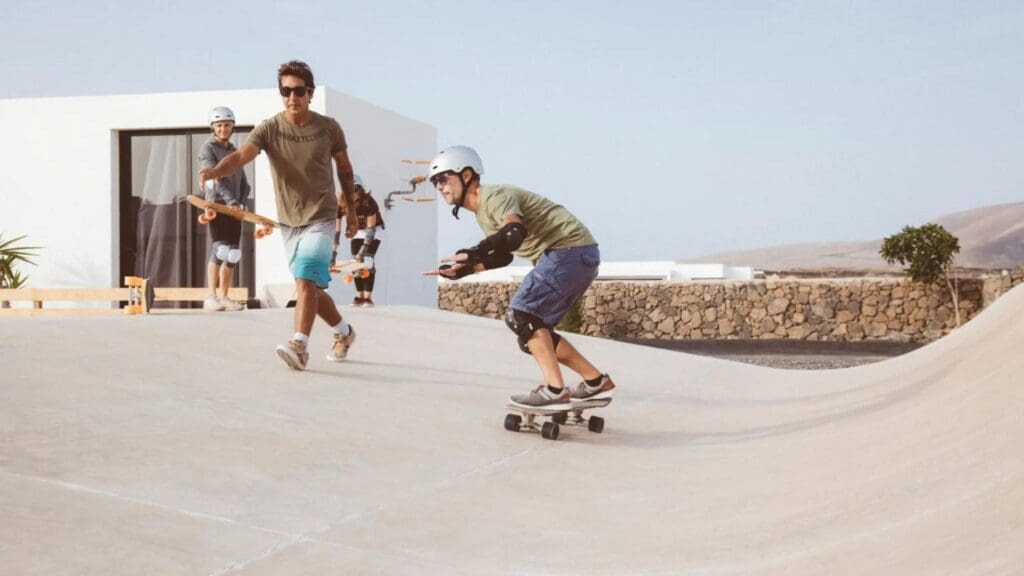 Participants enjoying surfskate training and accommodation at a surfskate camp in Fuerteventura.