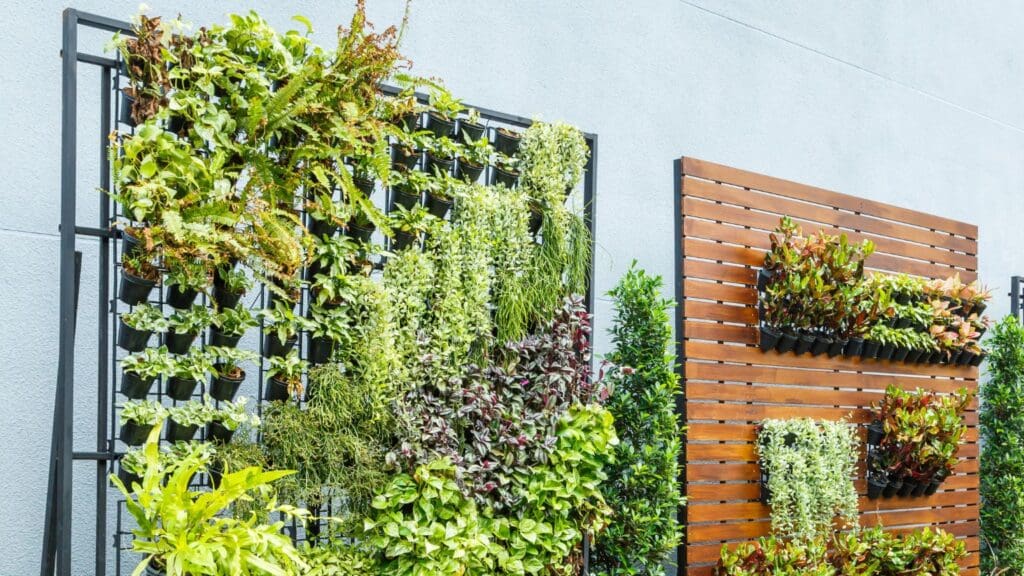 Jardín vertical decorando una pared interior en una oficina moderna, aportando frescura y estilo natural al espacio.