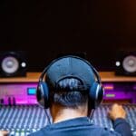 Estudio de producción profesional con músico grabando una canción y equipo técnico especializado, destacando la tecnología avanzada y la calidad del sonido en un ambiente creativo.