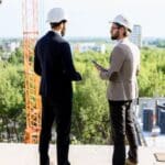 Arquitecto técnico en Bilbao supervisando construcción urbana, revisando planos y gestionando la obra