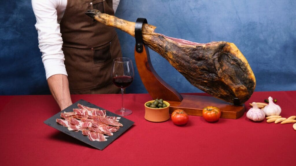 Cortador de jamón profesional en boda realizando corte de jamón ibérico para invitados.