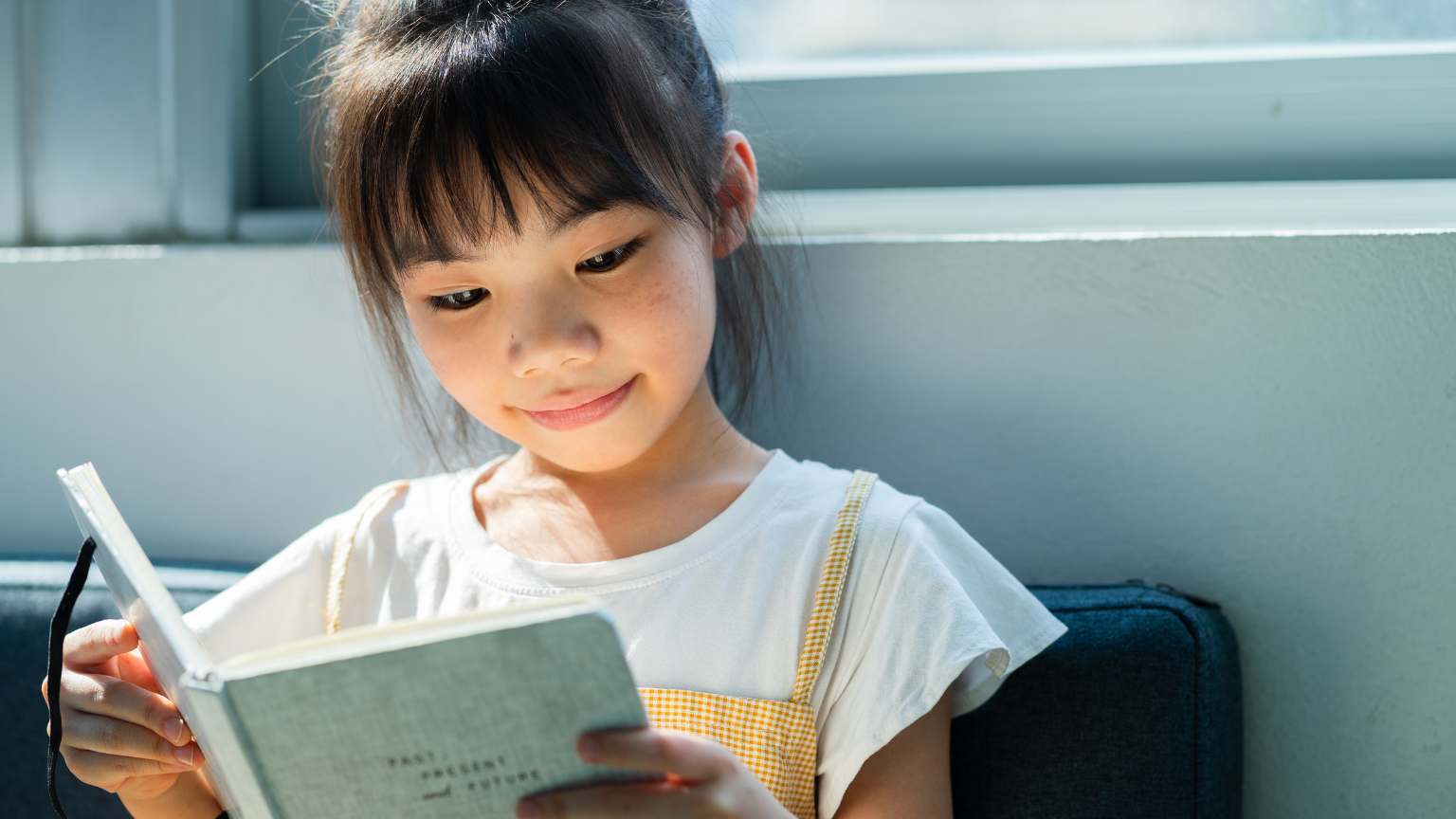 Persona leyendo un libro en un espacio acogedor con luz natural, promoviendo el hábito de la lectura para el desarrollo personal y el bienestar.