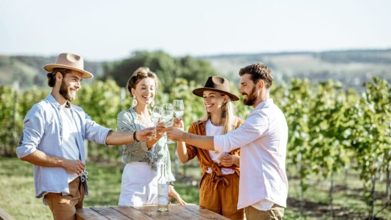 Grupo de personas disfrutando de una cata de vinos en un viñedo durante un tour enoturístico.