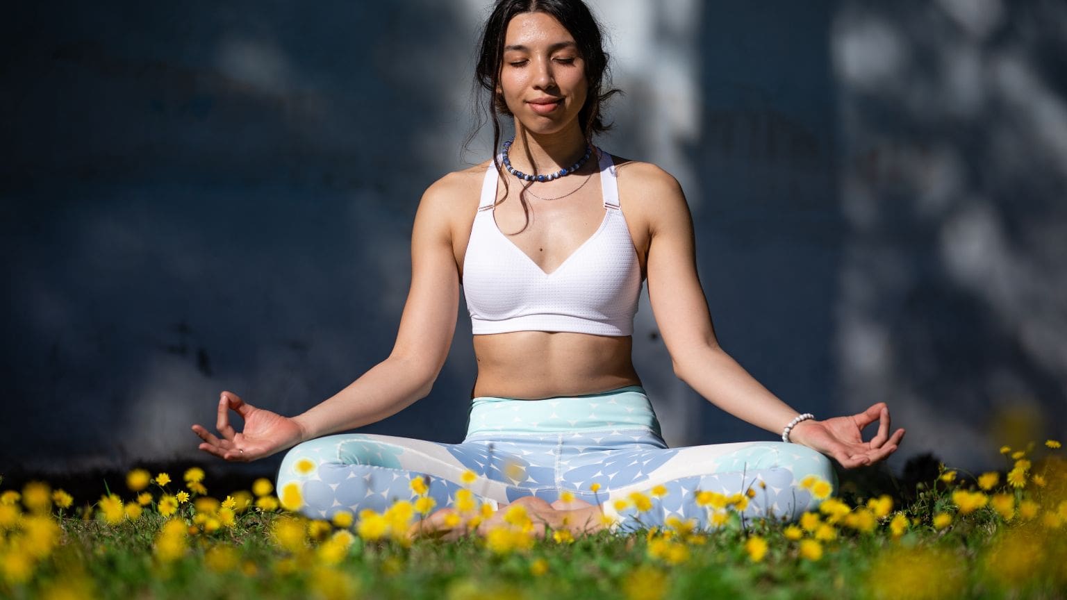 Mujer en postura de meditación rodeada de luz y elementos naturales representando las 8 ramas del yoga y la sanación emocional