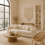 Diseño de lujo minimalista con techos altos, luz natural abundante, decoración boho artesanal y materiales nobles en un espacio amplio y elegante.