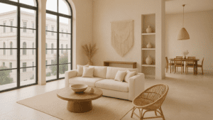 Diseño de lujo minimalista con techos altos, luz natural abundante, decoración boho artesanal y materiales nobles en un espacio amplio y elegante.