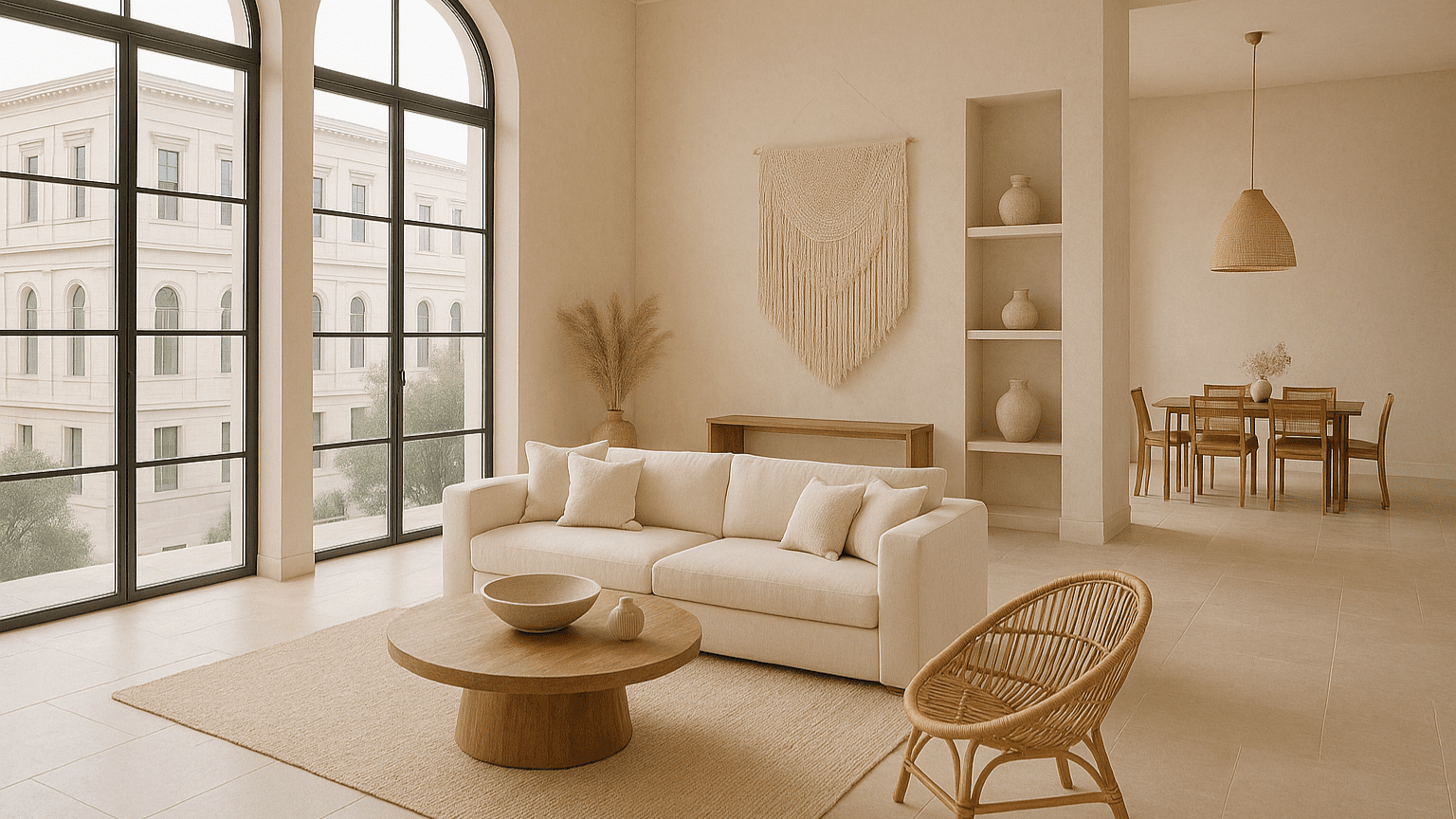 Diseño de lujo minimalista con techos altos, luz natural abundante, decoración boho artesanal y materiales nobles en un espacio amplio y elegante.