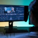 Ilustración de diferentes tipos de contenido audiovisual: grabación, edición, animación y fotografía en estudio creativo.