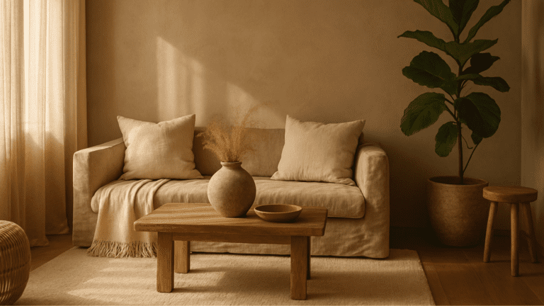Diseño interior minimalista de lujo con luz natural suave, mobiliario artesanal en madera clara, textiles naturales y decoración boho. Un espacio que transmite calma, equilibrio y conexión emocional.