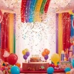 Decoración colorida con globos, confeti y accesorios para fiestas temáticas creativas como cumpleaños, bodas o eventos personalizados.