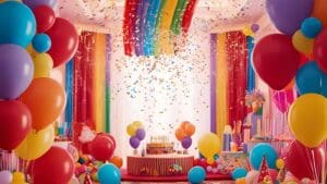 Decoración colorida con globos, confeti y accesorios para fiestas temáticas creativas como cumpleaños, bodas o eventos personalizados.