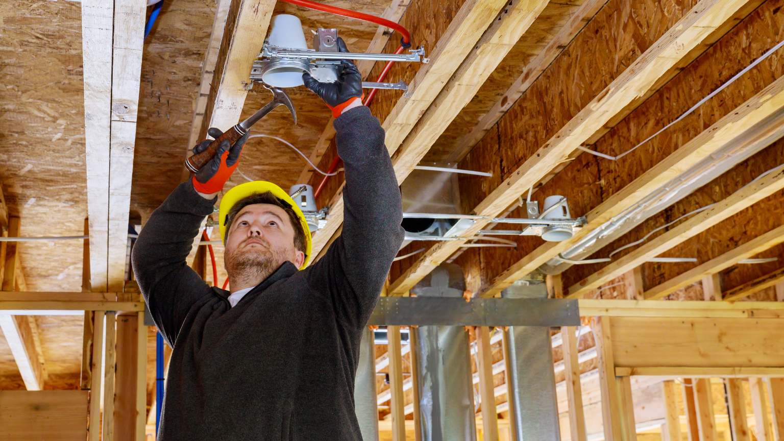 Técnico realizando instalación eléctrica moderna en vivienda durante reforma integral