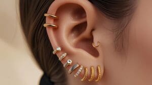 Piercings de titanio y oro colocados en oreja femenina con fondo neutro, ideales para piel sensible y joyería hipoalergénica.