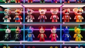 Exposición de art toys y figuras de diseño contemporáneo en vinilo, representando la fusión entre arte urbano y coleccionismo moderno.