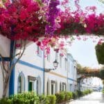 Fachadas blancas con detalles coloridos y flores exuberantes, símbolo del equilibrio entre arquitectura tradicional y el confort que buscan los viajeros actuales en los alojamientos vacacionales.