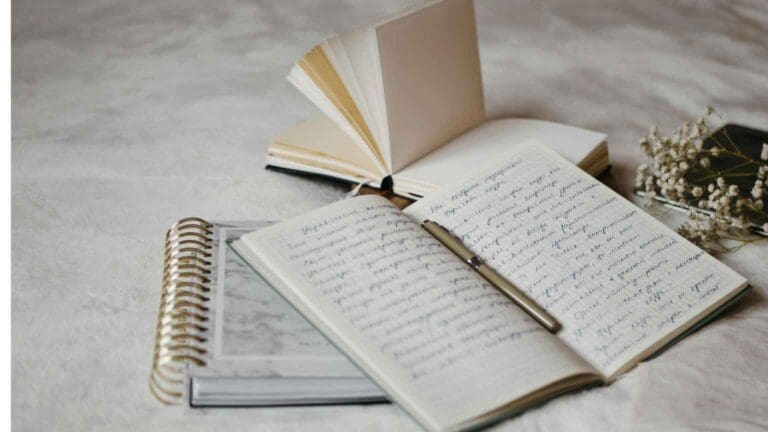 Cuadernos abiertos con escritura a mano sobre una superficie suave, representando reflexión personal, autocuidado psicológico y el inicio de un proceso terapéutico.