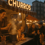 Food truck artesanal en un mercado de Barcelona sirviendo churros con chocolate caliente, con personas disfrutando del desayuno en un ambiente acogedor y tradicional.