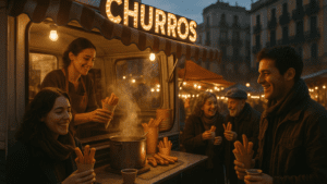 Food truck artesanal en un mercado de Barcelona sirviendo churros con chocolate caliente, con personas disfrutando del desayuno en un ambiente acogedor y tradicional.
