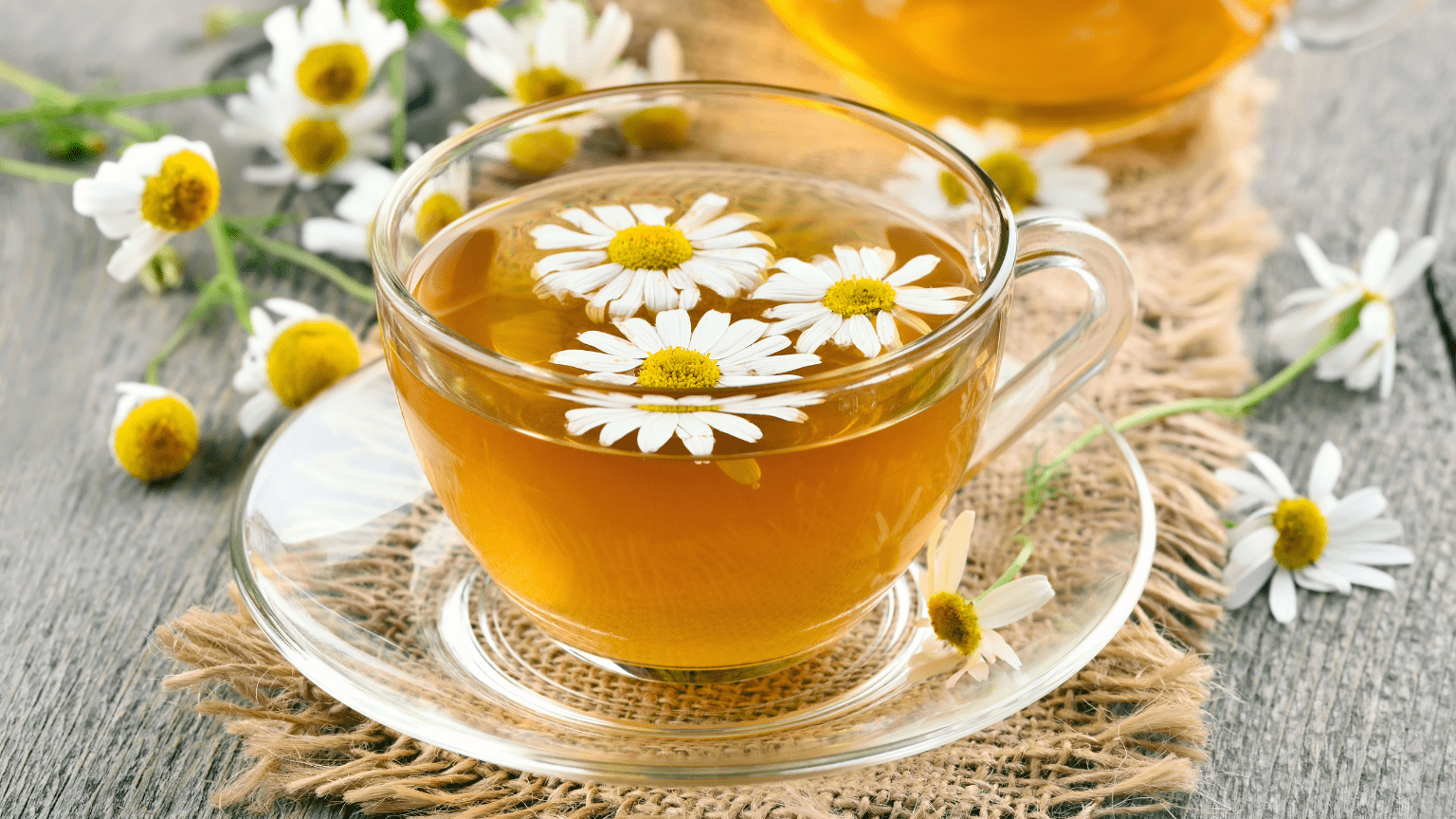 Taza de infusión de manzanilla caliente sobre mesa de madera con flores secas alrededor, ideal para el bienestar digestivo y la salud intestinal.