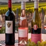 Botellas de vino tinto, blanco y rosado junto a copas sobre una mesa al aire libre con paisaje de viñedos en España al atardecer.