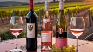 Botellas de vino tinto, blanco y rosado junto a copas sobre una mesa al aire libre con paisaje de viñedos en España al atardecer.