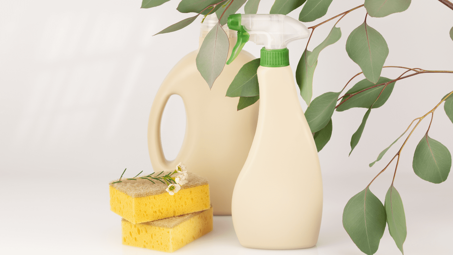 Detergentes y productos de limpieza biodegradables sobre superficie neutra, presentados en envases sostenibles y reutilizables.