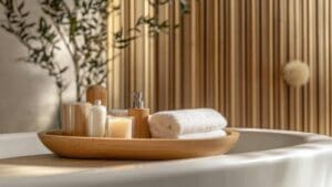 Ambiente relajante con velas, toallas y productos de cuidado natural, ideal para promover el descanso y complementar terapias naturales para el insomnio.