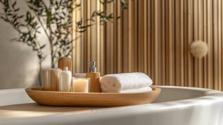 Ambiente relajante con velas, toallas y productos de cuidado natural, ideal para promover el descanso y complementar terapias naturales para el insomnio.