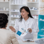 Interior de una farmacia con atención personalizada a un cliente en España