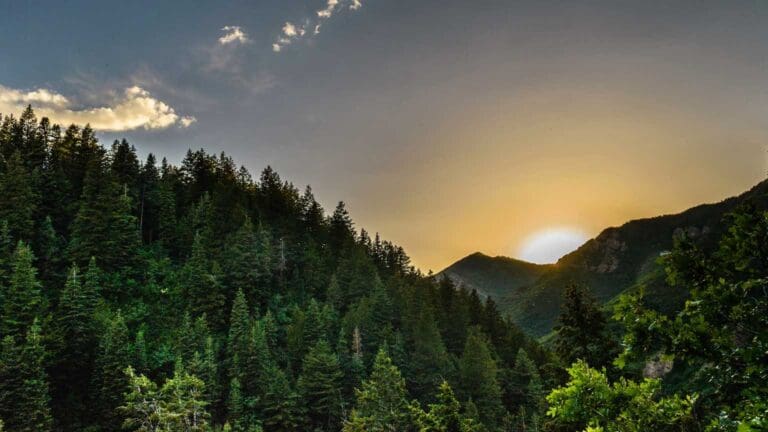 Vall de Boí amb muntanyes de fons a la sortida del sol, en un entorn natural i tranquil