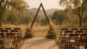 Espacio natural preparado para ceremonias personalizadas con decoración boho y estilo simbólico no religioso.