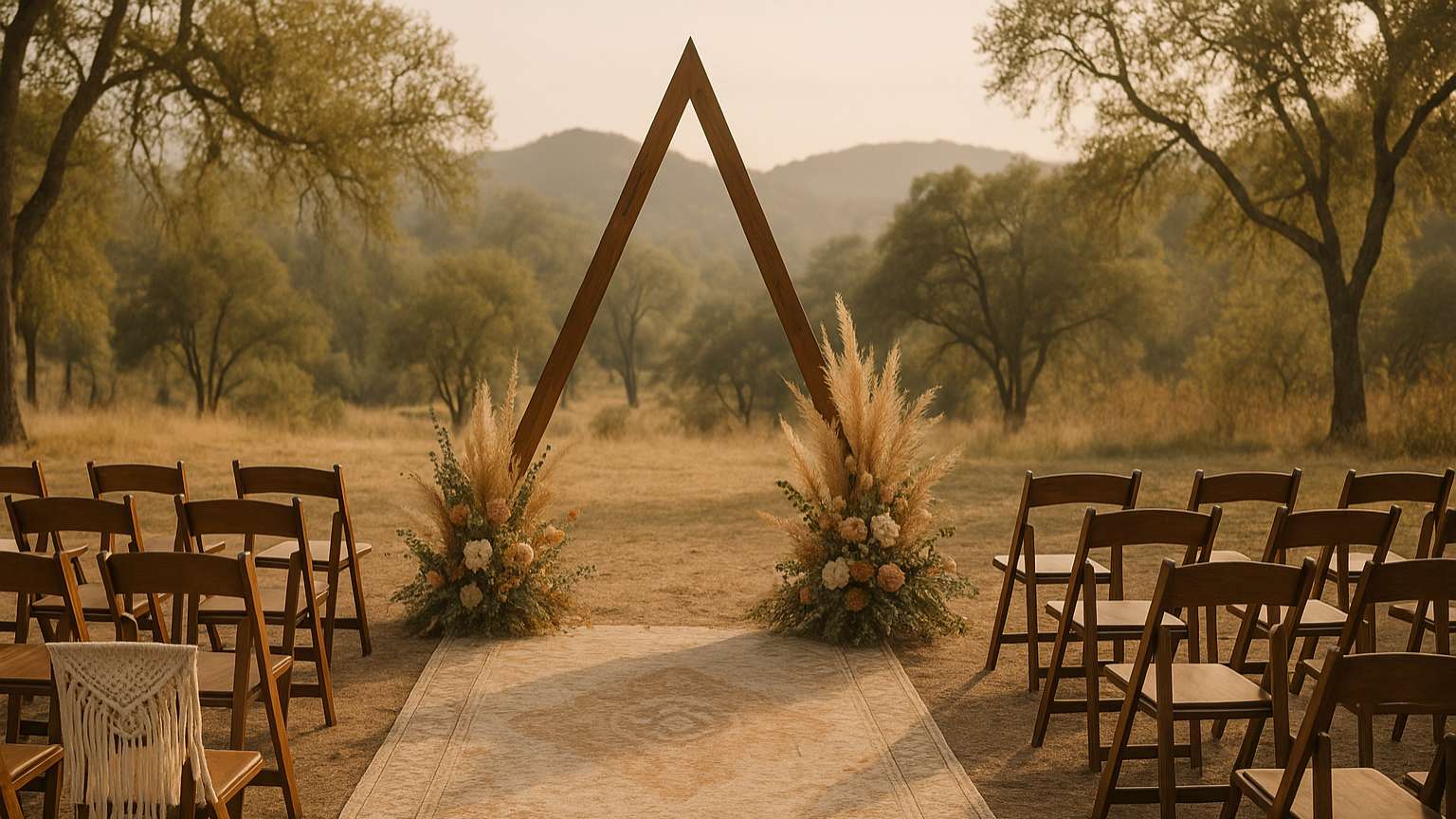 Espacio natural preparado para ceremonias personalizadas con decoración boho y estilo simbólico no religioso.