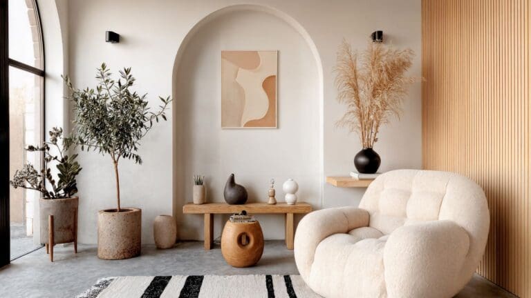 Imagen de interiores modernos con estilos de tendencia en Madrid como japandi, minimalista cálido y mediterráneo, con mobiliario de diseño y luz natural