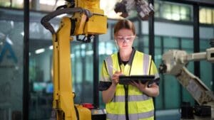 Estudiante de curso online de robótica industrial programando un robot en entorno automatizado