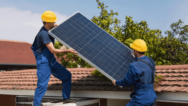 Técnicos de una empresa de instalaciones eléctricas colocando placas solares en un tejado residencial