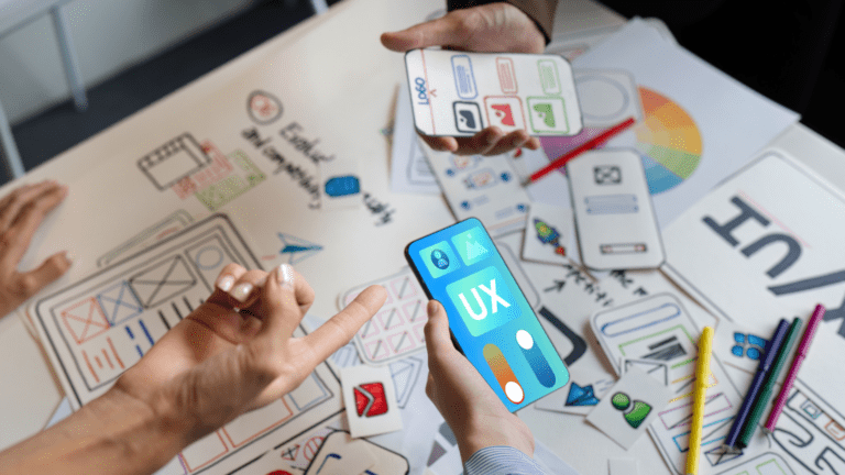 Equipo de un estudio de diseño web creando una tienda online profesional.