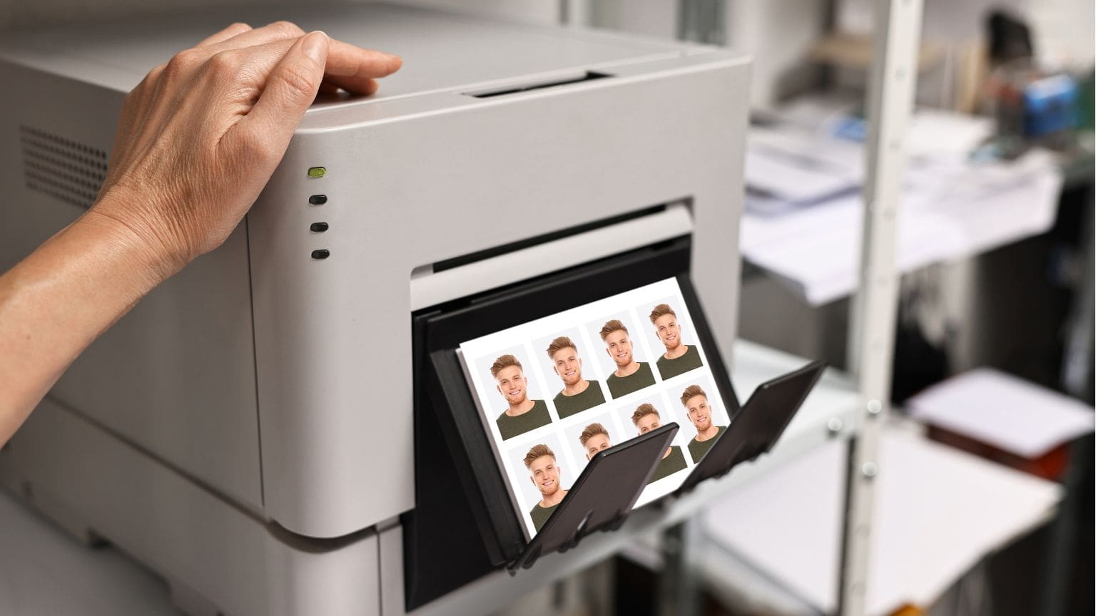 Persona obteniendo fotos carnet al momento en tienda para renovar el DNI.