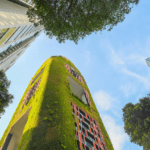 Edificio sostenible con jardín vertical entre rascacielos