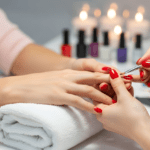 Manicura profesional con esmalte rojo en salón de uñas.