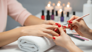 Manicura profesional con esmalte rojo en salón de uñas.