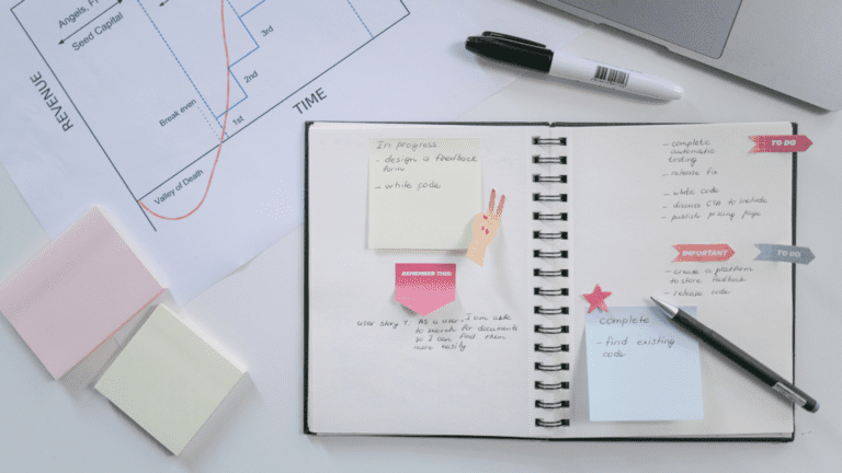 Escritorio organizado con agenda, notas y planificación de tareas empresariales