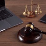 Escritorio de abogado con ordenador portátil, mazo judicial y balanza de la justicia, representando servicios legales y asesoría jurídica en derecho de extranjería en España.