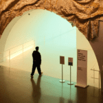 Persona entrando en una galería de arte contemporáneo con entrada futurista y decoración textil dorada en el techo.
