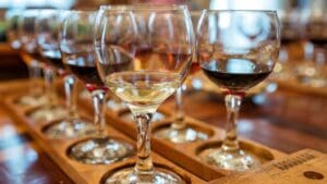 Selección de vinos blancos y tintos servidos en una mesa elegante para diferentes ocasiones especiales