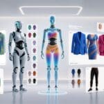 Robots diseñando moda sostenible con inteligencia artificial en entorno digital