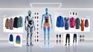 Robots diseñando moda sostenible con inteligencia artificial en entorno digital