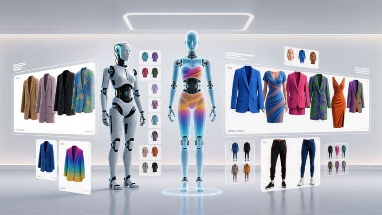 Robots diseñando moda sostenible con inteligencia artificial en entorno digital