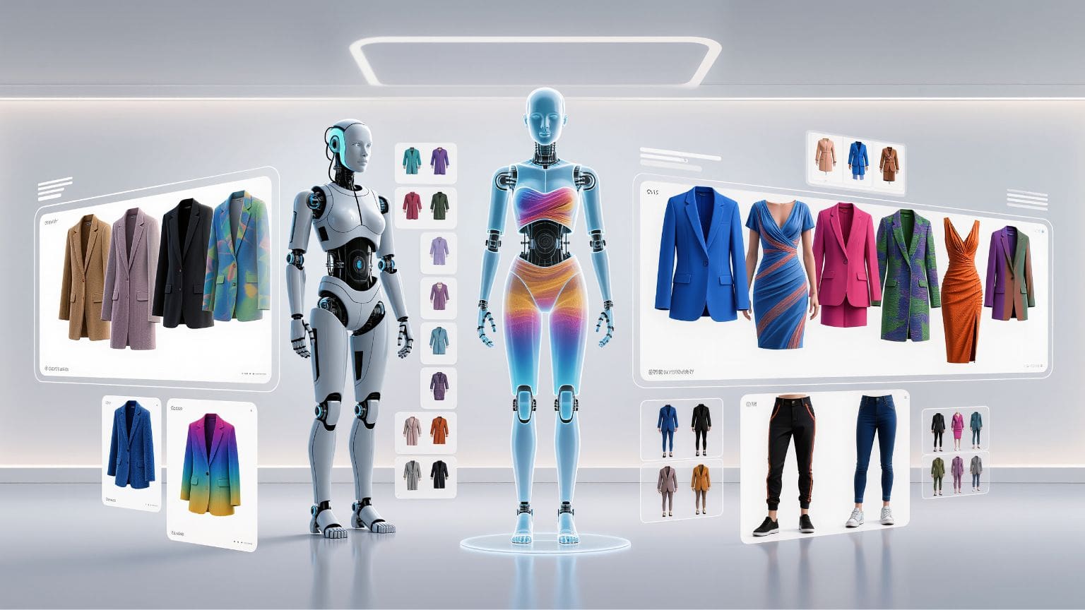 Robots diseñando moda sostenible con inteligencia artificial en entorno digital